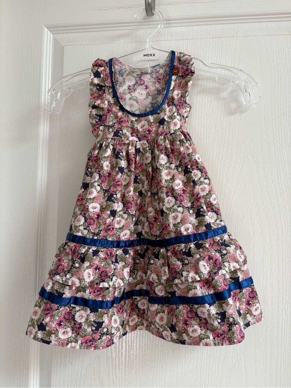 PM Baby Rose Pink Floral Casual Dress with Navy Trim